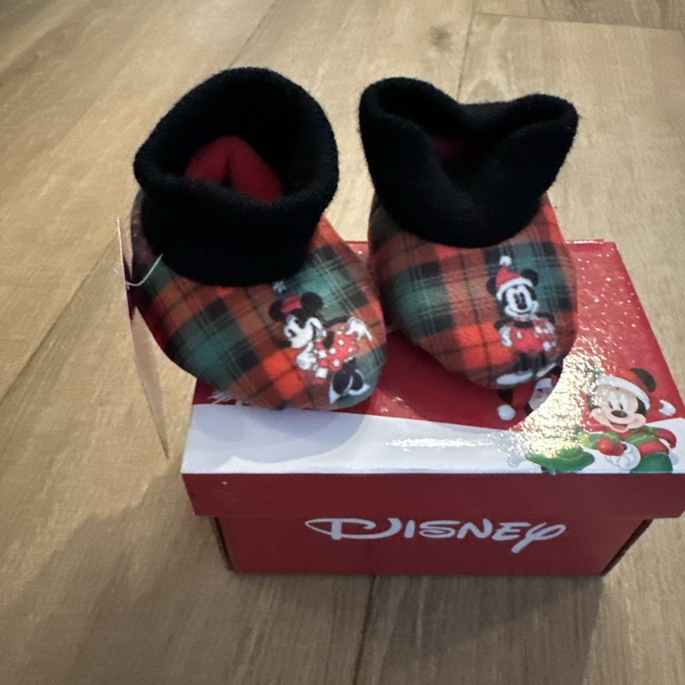 Disney Baby Minnie Mickey Mouse Plaid Christmas Slippers Crib Booties Size 3 NEW